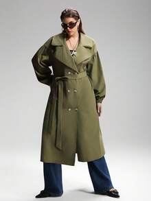 LYSMO Plus Size Solid Color Double-Breasted Long Trench Coat Winter Fall Autumn