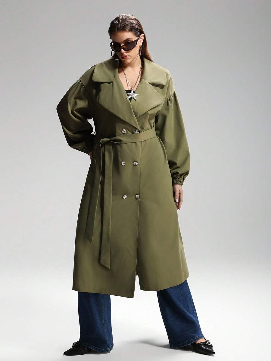 LYSMO Plus Size Solid Color Double-Breasted Long Trench Coat Winter Fall Autumn