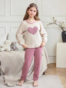 SHEIN Girls Embroidered Heart Pajama Set, Sweet Home Outfit For Autumn/Winter - Pink - View 5