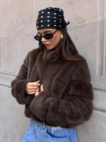 Aloruh Short Faux Fur Collar Coat, Autumn/Winter New Arrival,Brown Coat,Chic,Elegant,Going Out,New Year, Fall,Coffee Color Faux Fur Coats,Business Commuting,Casual,Old Money Style - Brown - View 8