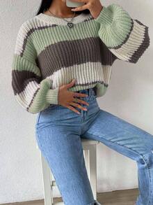 EMERY ROSE Women's Casual Loose Fit Contrast Color Round Neck Drop Shoulder Long Sleeve Sweater, Autumn