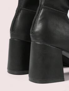 CUCCOO DOLLMOD Women's Square Toe Chunky Heel Fashion Tall Boots, Black Leather With Strap Decor For Christmas Spring Shoes - Black - View 8