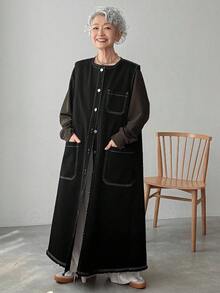 Chaqueta de mezclilla de longitud media con cuello redondo, botones delanteros y sin mangas, de moda para mujer - Negro - Ver 7