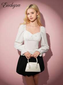 Teen Girl Casual Elegant Versatile White Long Sleeve Asymmetric Collar Blouse, Spring/Autumn - White - View 4