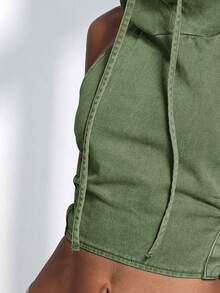 Jeanoix Women's Backless Criss-Cross Design Cropped Drawstring Hoodie Denim Top - Army Green - View 4