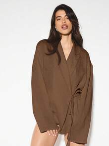 KIZN Áo choàng voan họa tiết nhăn tay dài kiểu áo khoác blazer buộc dây bên hông, thích hợp mặc đi nghỉ dưỡng mùa thu đông, công sở, thanh lịch, cỡ lớn - Màu nâu Sô-cô-la - Xem 4