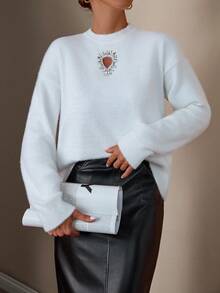 EURMUSE Damen Unifarben Pullover mit Rundhalsausschnitt und Strasssteinen, Drop-Shoulder