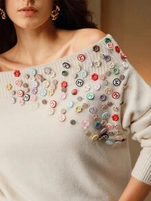 Anewsta 女式露肩彩色纽扣针织套头衫，适合秋季、秋季、冬季、外出、优雅、正式、派对、别致、新年、圣诞节、工作、毕业、婚礼 - 杏色 - 查看 1