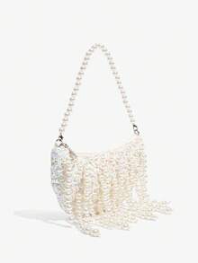 SHEIN SXY 女士手提包、晚宴包、珍珠流苏、时尚、优雅、简约、个性化、多功能，适合鸡尾酒会、派对、舞会、俱乐部、约会、生日、晚会、约会之夜、宴会 - 白色 - 查看 3
