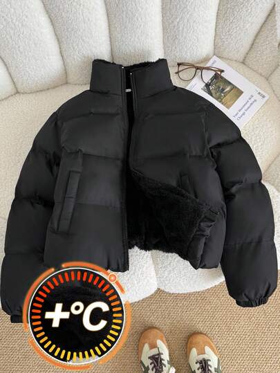 SHEIN Teen Girls Black Regular Basic Style Versatile Stand-Up Collar Short Style With Thick Velvet Inside Frenchy Short Style Winter Coat, Casual Street, Suitable For A Variety Of Occasions, Back To School Teen Girl Jacket Girls Winter Jacket Jacket Winter Jacket Teen Fall Jacket For Teen Girl Tween Winter Jacket