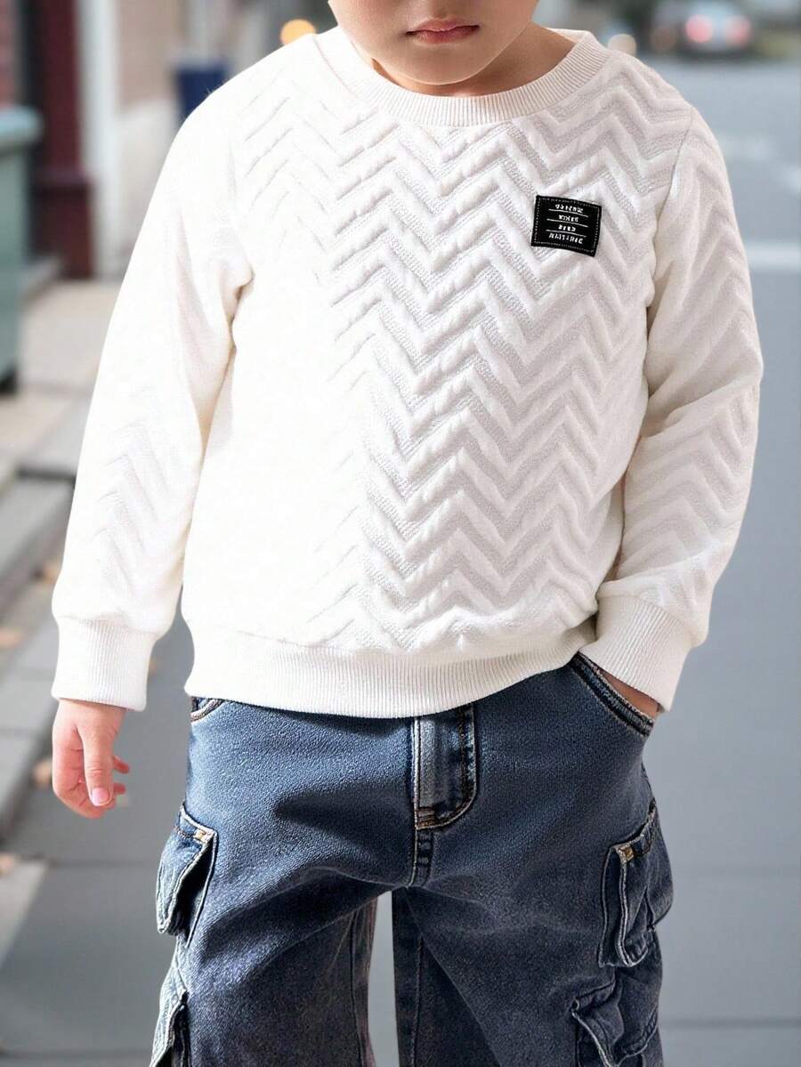 男童休闲舒适多功能波浪纹理面料圆领保暖加厚卫衣，校服 - 白色 - 查看 1