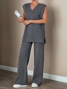 EURMUSE Minimalist Charcoal Knit Co-Ord Set – V-Neck Relaxed Fit Sweater & Ribbed Hem Pants,Winter Clothes Women,Winter Clothes,Autumn Outfits Women - Dark Grey - View 5