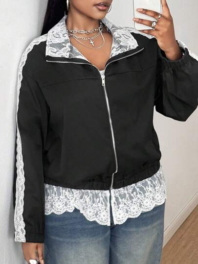 Maweii 大码女式夹克外套，拉链开衫，荷叶边下摆拼接，长袖，黑色，百搭，秋冬