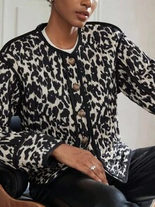 Aveloria Modichic Áo khoác ngắn cổ tròn họa tiết da báo đen trắng ngẫu nhiên, chần bông, phong cách cổ điển dành cho nữ - Nhiều màu - Xem 6