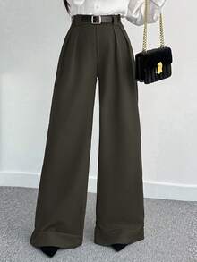 Pantaloni a vita alta a gamba ampia di colore unito per donna