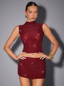 Hauture 性感夏日派对勃艮第红色高领烫钻双层网眼背心