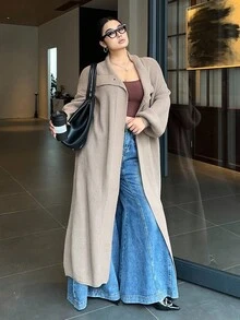 Flirla Plus Size Women Warm Turndown Collar Single Button Long Knitted Cardigan Sweater, Suitable For Autumn/Winter, Back To School, Indoor/Outdoor Commute Fall Cloth For Women