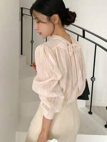 DAZY 女式优雅通勤纯色立领后背系带衬衫秋季上衣长袖上衣 - 米色 - 查看 3