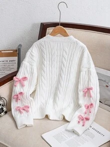 SHEIN Tween Girl Knitted Textured Colorblock Bow Crew Neck Casual Pullover Sweater, Comfortable & Cute, Suitable For Everyday Wear,In Fall/Winter