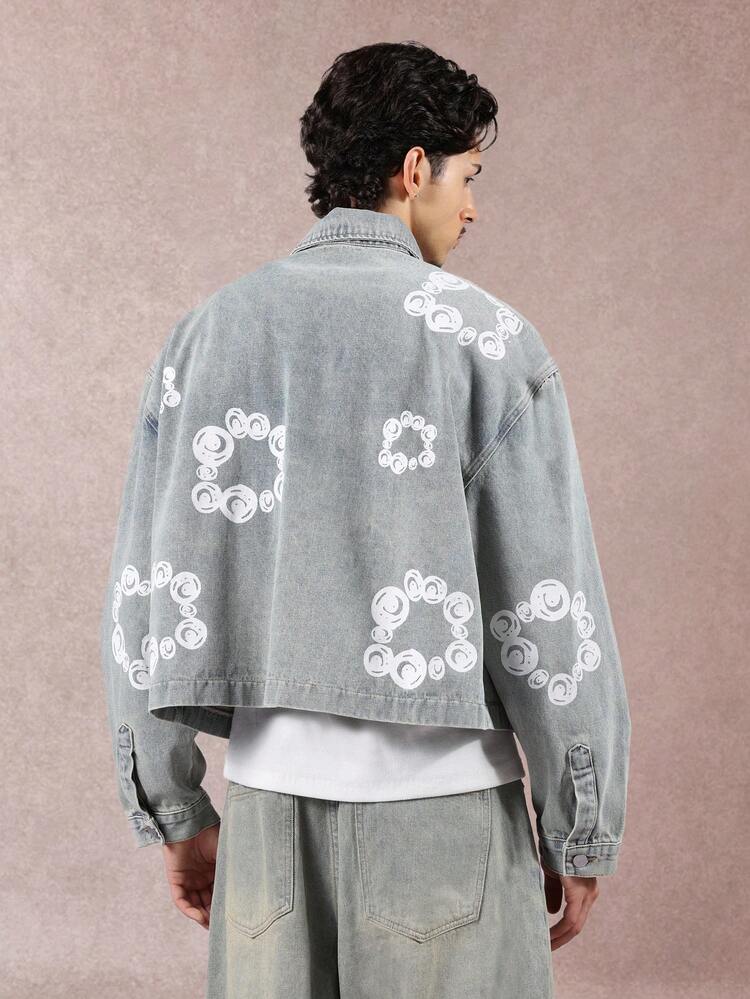 Light Wash Denim Jacket With Circle Print Pattern