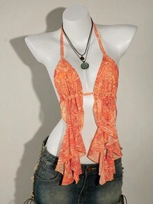 SHEIN ICON Women's Vacation Style Sexy Halter Neck Camisole - Orange - View 4