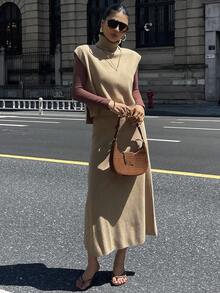 DAZY Women's Casual Solid Color Turtleneck Sweater Vest & Skirt 2-Piece Set, Autumn