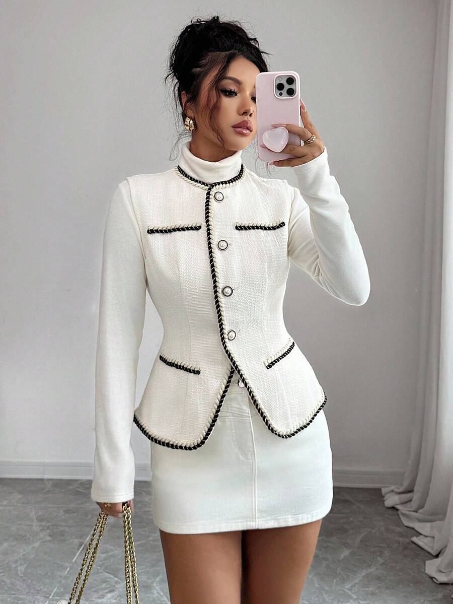 Selianne 女式优雅无袖背心夹克，单排扣缎带设计，秋季 - 白色 - 查看 1