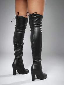 SHUZIA 节日礼物精选畅销款女士黑色弹力PU过膝长靴——时尚修身，系带设计，显腿长又性感 - 黑色 - 查看 2