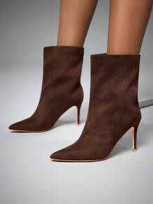 SHUZIA 魅力女士巧克力色仿麂皮高跟尖头短靴一脚蹬尖头舒适秋冬假日鞋