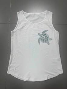 Women's Fashionable Turtle & Letter Printed Malibu Beach Surfing Scuba Souvenir Seattle Beach Design Round Neck Camisole - White - View 1