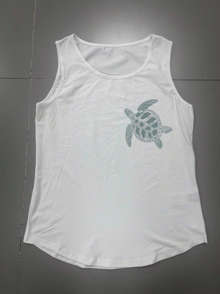 Women's Fashionable Turtle & Letter Printed Malibu Beach Surfing Scuba Souvenir Seattle Beach Design Round Neck Camisole - White - View 1