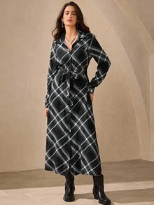 Wildy Women's Black And White Checkered Autumn Casual Western Occasion Plaid Dress,Elegant Waist Tie Long Sleeve Button-Down Soft Viscose Midi Party Dress - Black - View 4