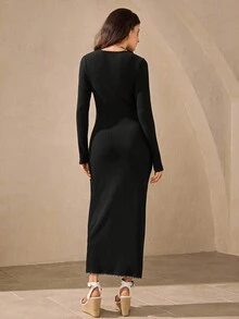 Wildy 黑色高开叉百褶加厚中长连衣裙，适合秋冬季正式聚会 - 黑色 - 查看 7