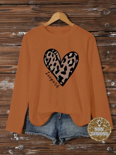 SHEIN LUNE Camiseta de manga larga vintage con estampado de corazón y leopardo, minimalista y de moda casual para uso diario