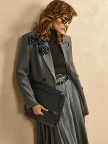 女式优雅3D花卉翻领西装外套，秋季 - 深灰色 - 查看 4