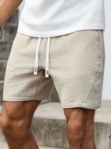 Manfinity Homme Plus Size Men's Solid Color Cotton Drawstring Waist Pocket Casual Shorts