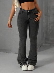 SHEIN Tall Damer Casual Mid-Wist Pocket Denim Skinny Flared Jeans - Grå - Visa 5