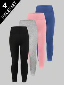 SHEIN Sparklyn 4pcs/Set Girls Elastic Waist Soft Knit Leggings, Grey, Pink, Black, Blue, Comfortable & Stretchy Legging Kids Fall Winter - Multicolor - View 9