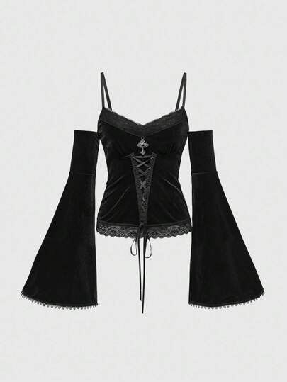 Goth Gothic Palace Style Women's Lace & Velvet Patchwork Off Shoulder Flare Sleeve Top, Halloween