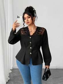 Elenzga 永不过时：哥特式预科风，融入周三元素。拥抱你内心的阴影，展现暗黑女性时尚。大码女式梭织长袖奢华优雅蕾丝拼接斜纹光滑黑色衬衫 - 黑色 - 查看 7