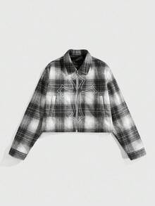ROMWE MEN Street Life Sobretudo xadrez curto bordado cruzado masculino, corte solto, outono inverno - Preto e Branco - Ver 2