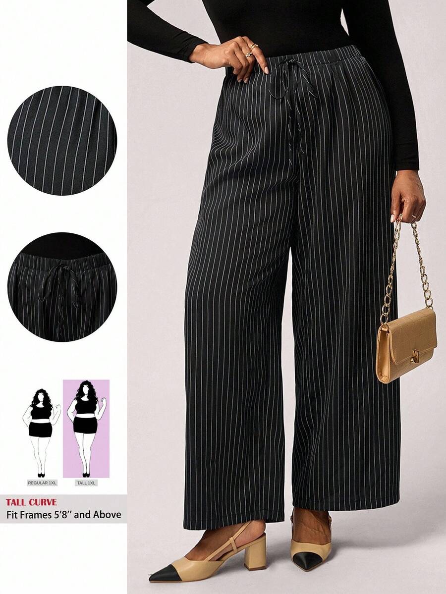 SHEIN Tall CURVE 大码休闲宽松条纹阔腿裤商务休闲女装，适合秋冬季 - 粉色 - 查看 1