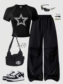 SHEIN 少女休闲T恤和裤子两件套，胸前印有白色星星图案，白色装饰抽绳，适合散步、购物、上学、演唱会穿着 - 黑色 - 查看 3