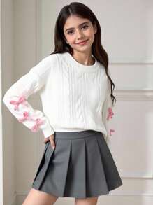 SHEIN Tween Girl Knitted Textured Colorblock Bow Crew Neck Casual Pullover Sweater, Comfortable & Cute, Suitable For Everyday Wear,In Fall/Winter