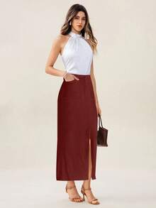 Uhlyne Quần áo mùa hè cho nữ vải lanh sọc dọc không co giãn, đa năng, có túi, thích hợp cho việc đi lại hàng ngày, giải trí, váy xẻ tà thanh lịch và thoải mái cho nữ - Đỏ - Xem 3