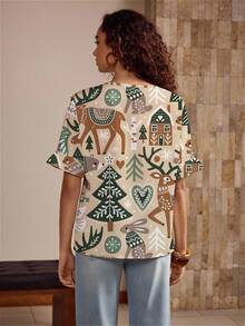 Shutterstock Glamance Women's Deer & Rabbit Print V-Neck Batwing Short Sleeve Casual Loose Shirt - Multicolor - View 2