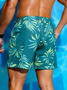 Manfinity Swimmode Men's Casual Plant Print Beach Shorts, Summer,Outdoor Sports Trunks Swim Wear, Hawaiian Men Beachwear Men's Matching Swim Trunks