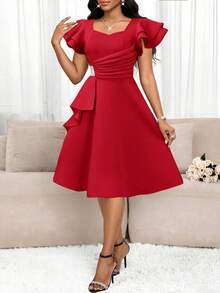 SHEIN Lady Vestido de verano elegante de mujer con volantes y adornos de strass en la cintura - Rojo - Ver 6