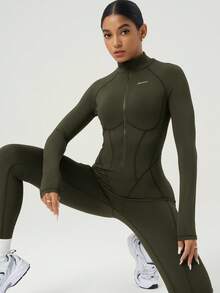 Powerista Solid Color Zipper Stand Collar Tight Fit Long Sleeve Jumpsuit - Army Green - View 1