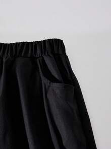 SHEIN Explorewe Tween Boys Casual Street Style Star Elastic Waist Black Pants Fall Winter - Black - View 3